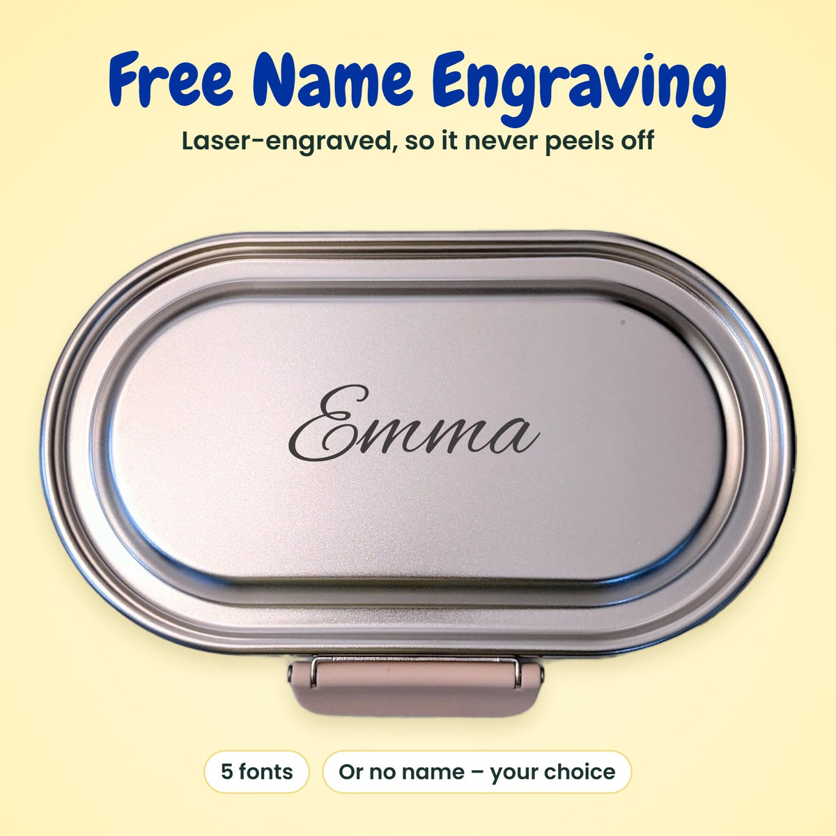 Personalised kids snack box with free laser engraved name on stainless steel lid – MunchiiBox 2, 5 fonts