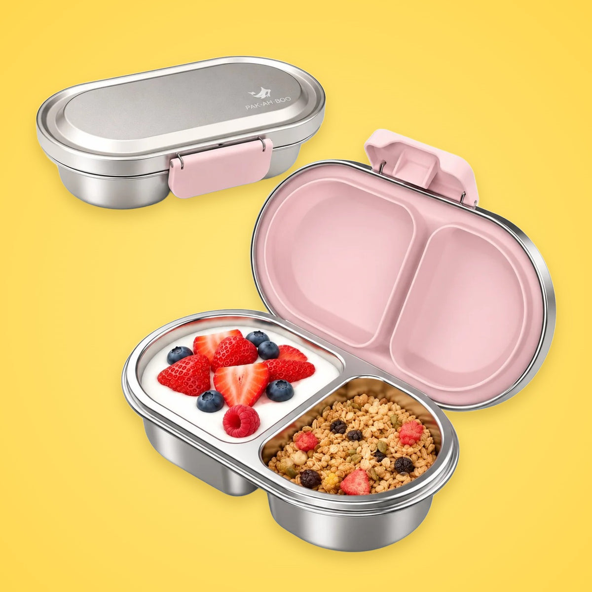 Pink MunchiiBox 2 personalised stainless steel kids snack box – 400ml leakproof bento lunch box, open with yoghurt, berries and granola