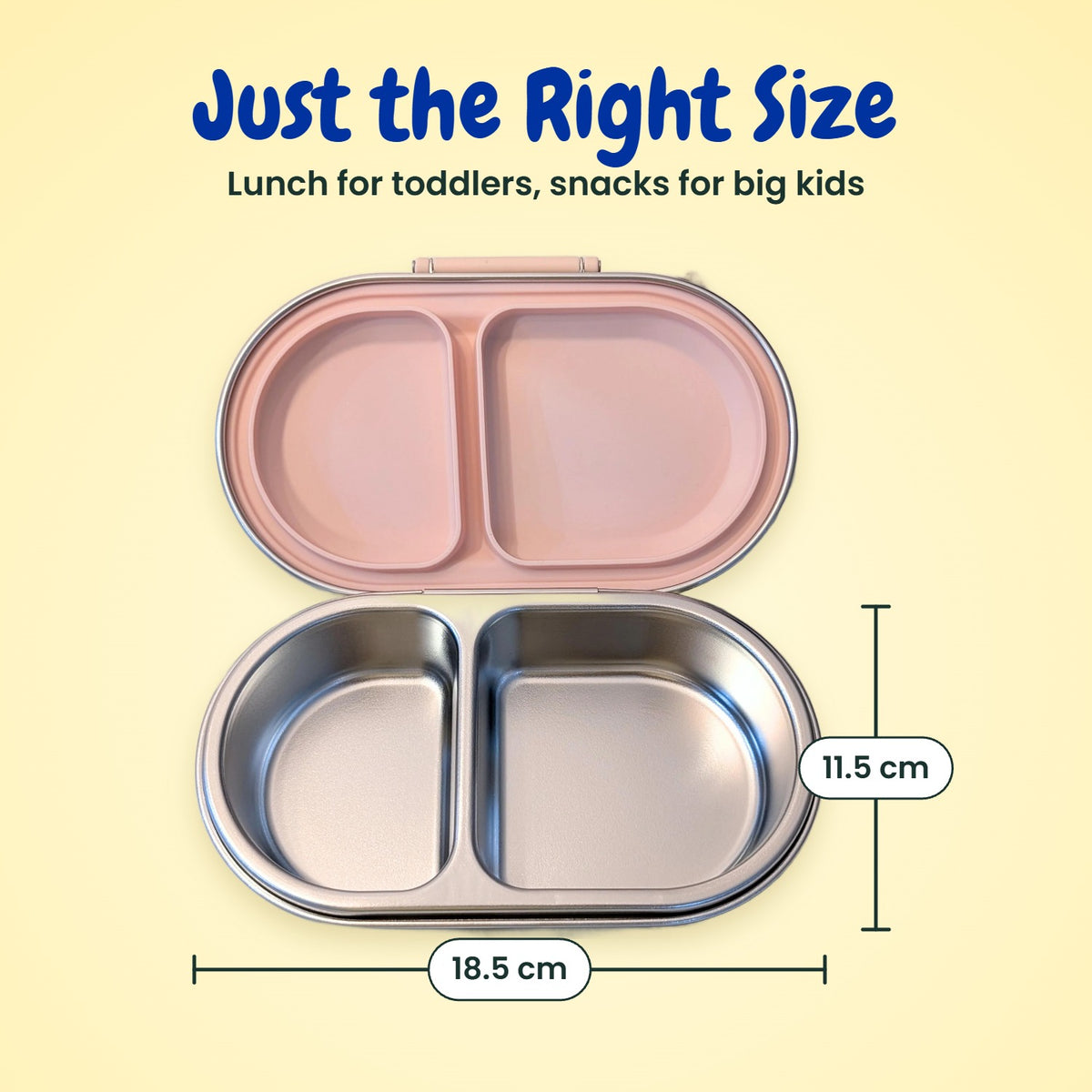 MunchiiBox 2 kids snack box size guide – 18.5 cm x 11.5 cm, 400ml pink stainless steel bento for toddlers and kids