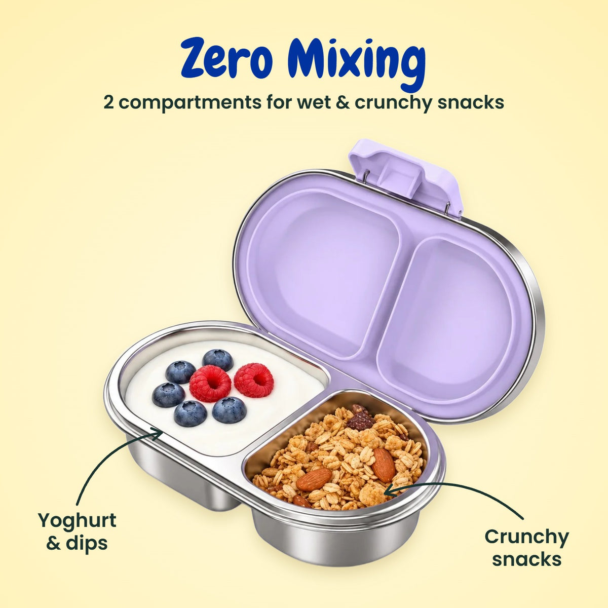 2 compartment stainless steel bento snack box for kids – purple MunchiiBox 2 keeps yoghurt and crunchy snacks apart