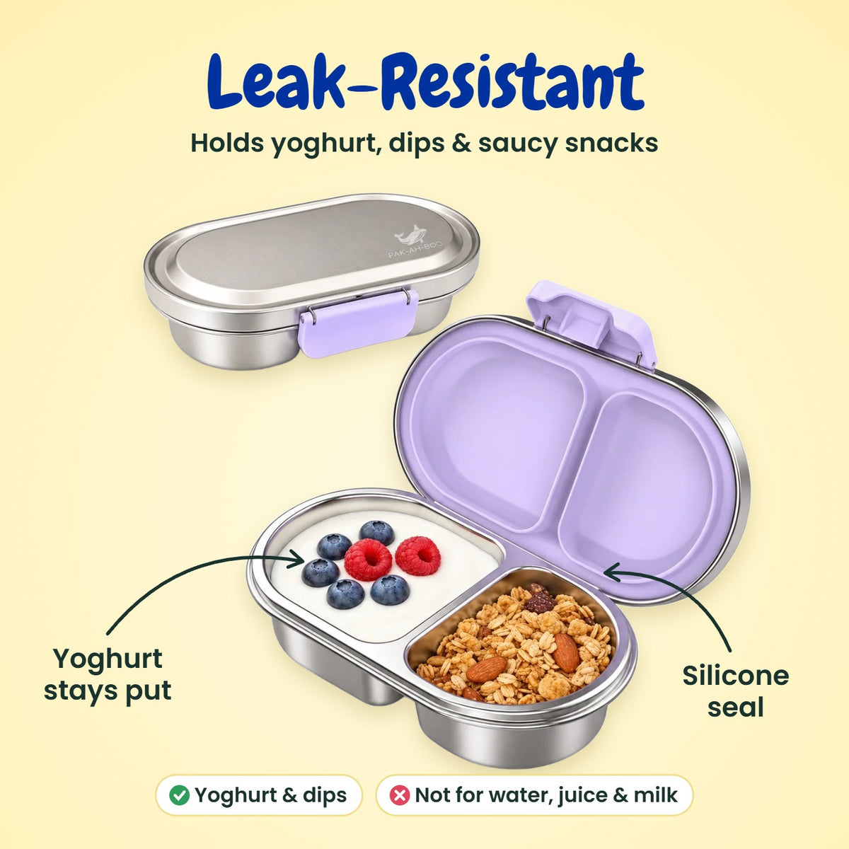Leakproof purple kids snack box with silicone seal – stainless steel bento holds yoghurt and dips, MunchiiBox 2