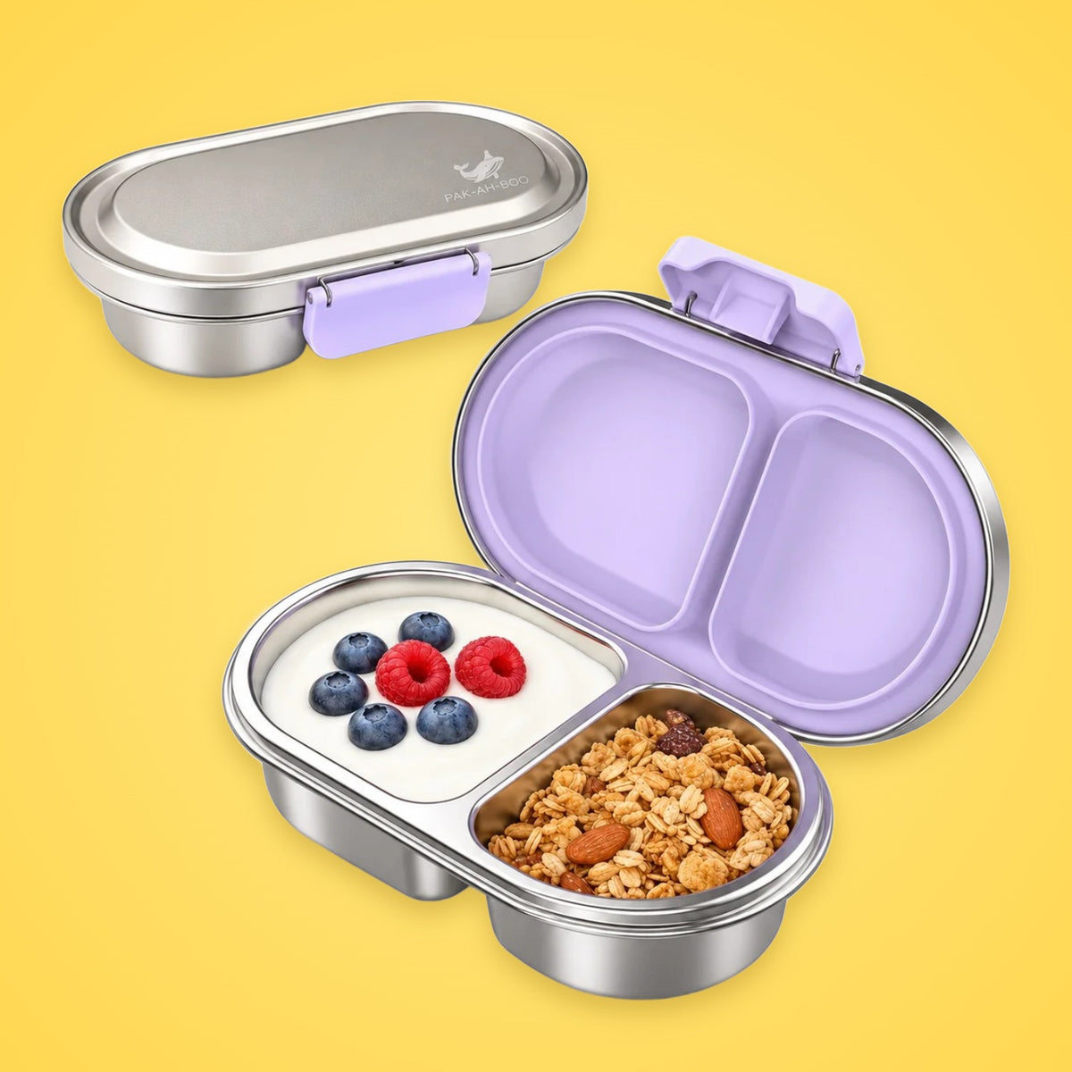 Purple MunchiiBox 2 personalised stainless steel kids snack box – 400ml leakproof bento lunch box, open with yoghurt, berries and granola