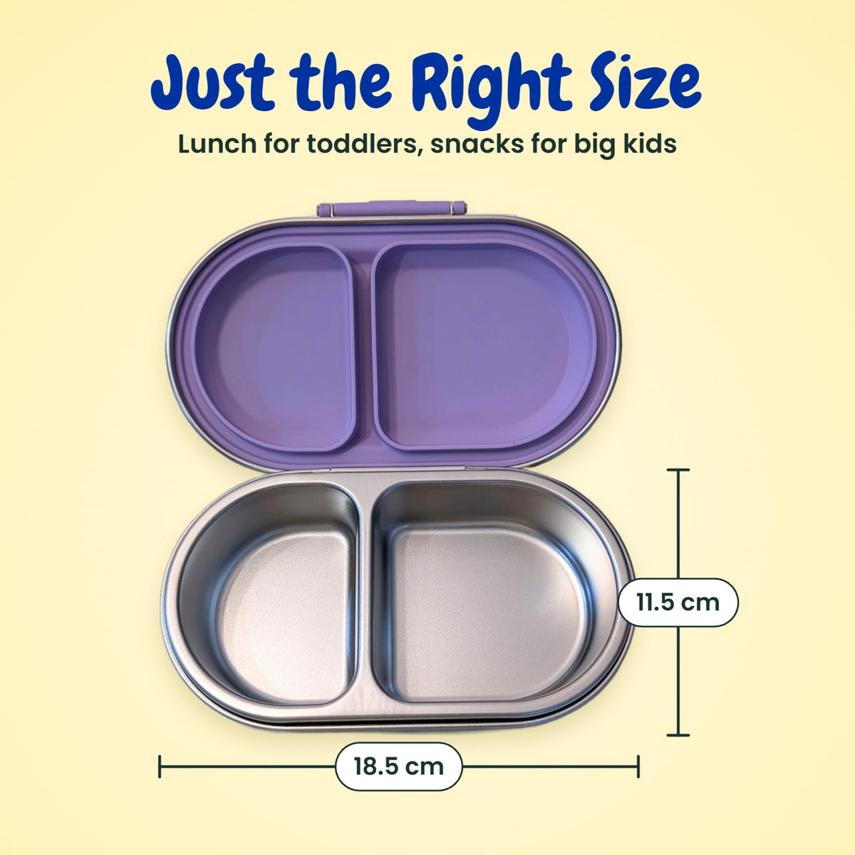 MunchiiBox 2 kids snack box size guide – 18.5 cm x 11.5 cm, 400ml purple stainless steel bento for toddlers and kids