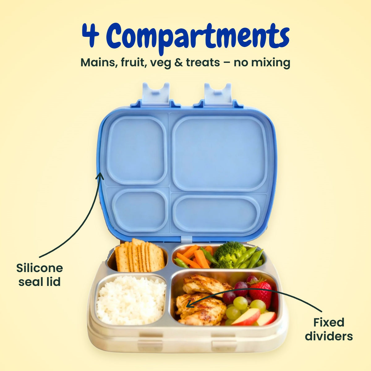 MunchiiBox 4 blue stainless steel lunch box with 4 compartments for mains, fruit, veg and treats