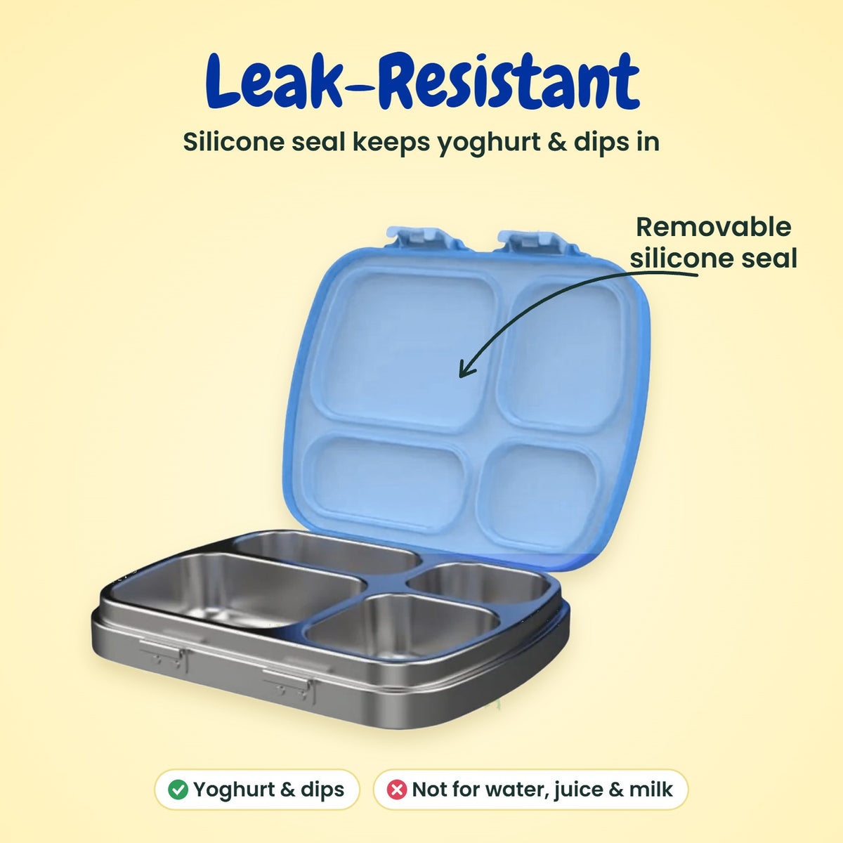 MunchiiBox 4 blue leak-resistant bento box with silicone seal lid for school lunches
