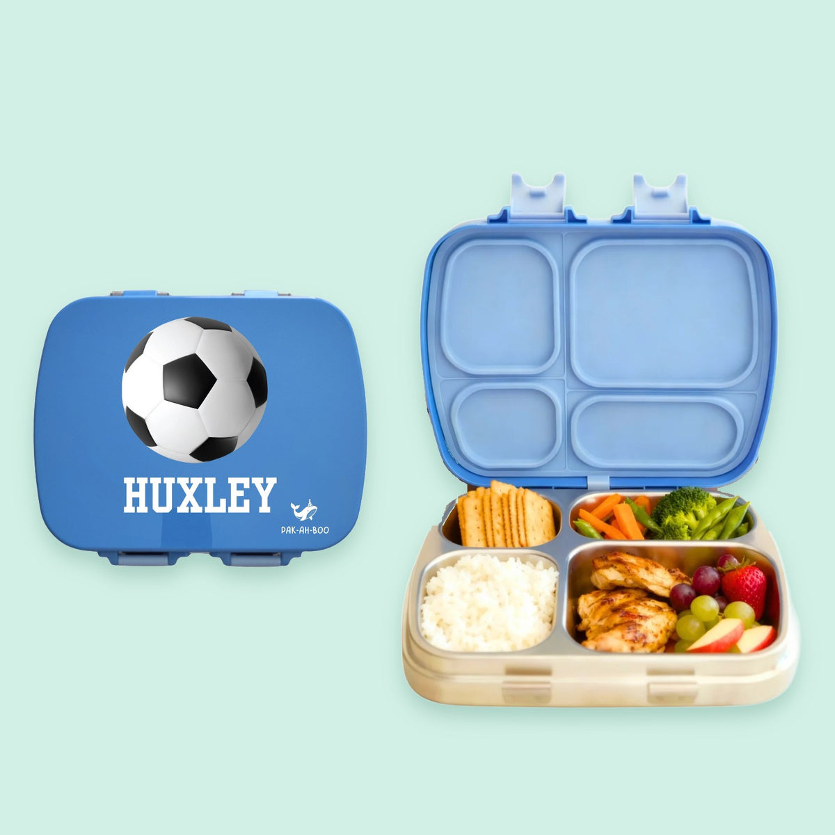 PAK-AH-BOO MunchiiBox 4 blue stainless steel bento lunch box for kids, Soccer Ball print lid closed and open with lunch, on a mint background