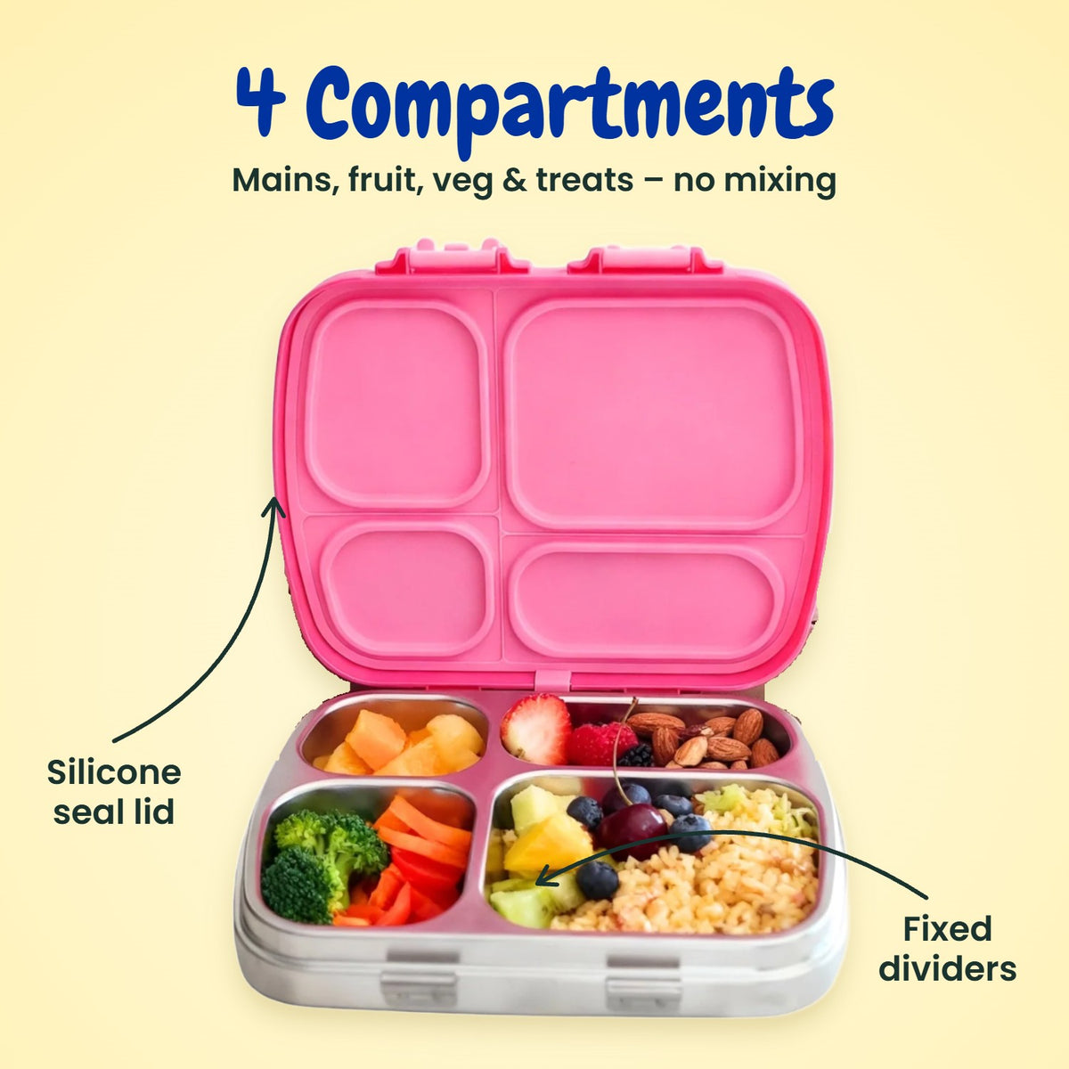 MunchiiBox 4 pink stainless steel lunch box with 4 compartments for mains, fruit, veg and treats