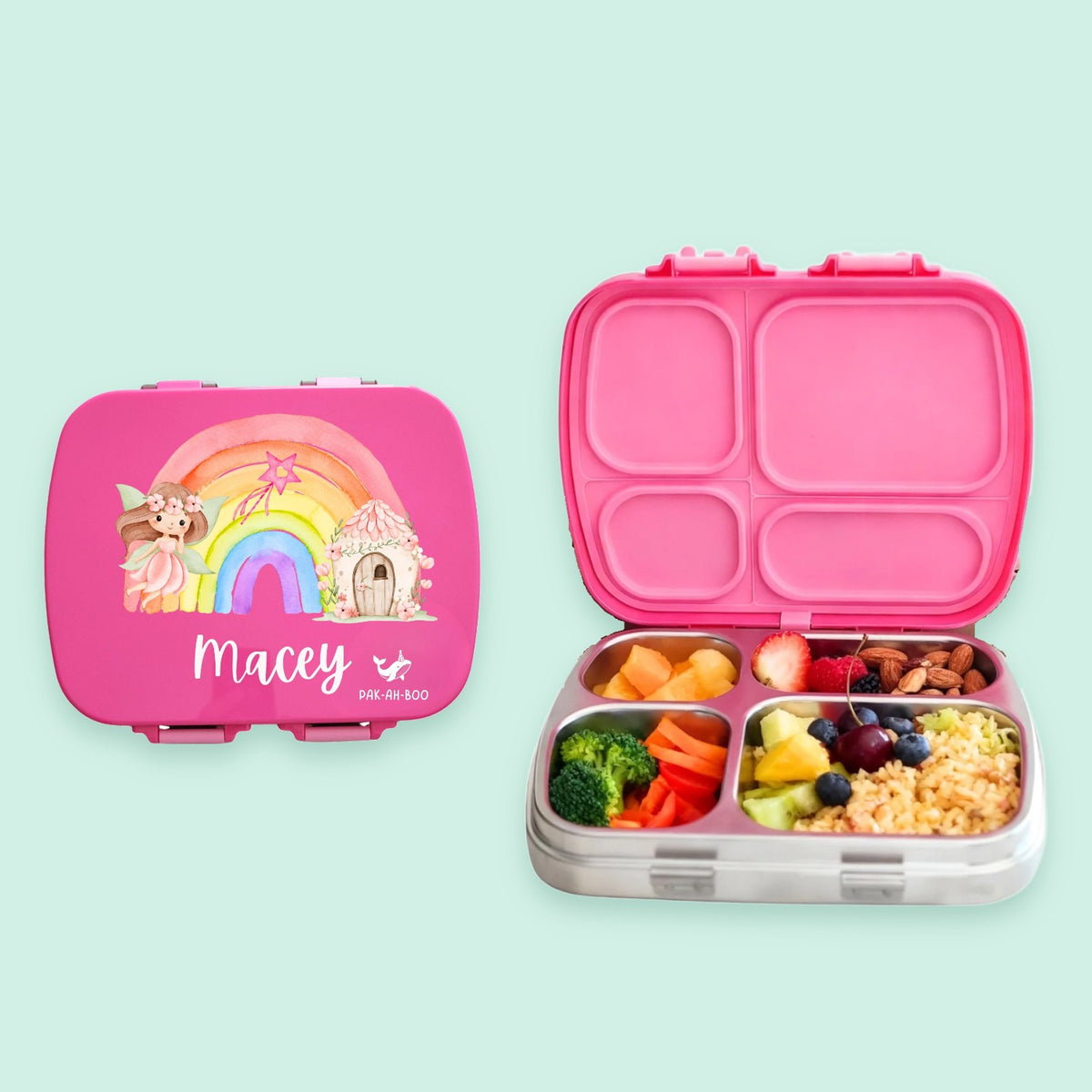 PAK-AH-BOO MunchiiBox 4 pink stainless steel bento lunch box for kids, Rainbow Fairy print lid closed and open with lunch, on a mint background