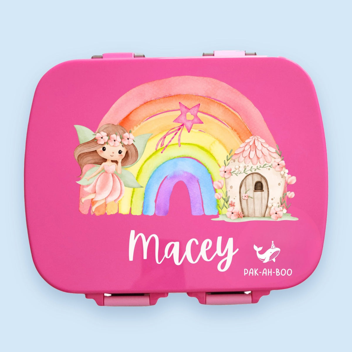 Personalised pink stainless steel kids bento lunch box – PAK-AH-BOO MunchiiBox 4, Rainbow Fairy print with name, on a pastel blue background