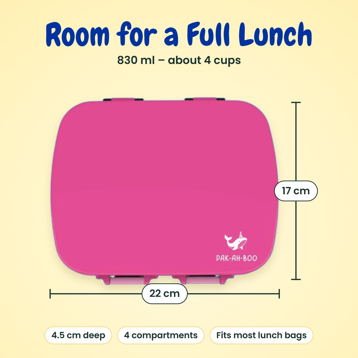 MunchiiBox 4 kids lunch box size guide – 22 cm x 17 cm x 4.5 cm, 830ml (about 4 cups) pink stainless steel bento