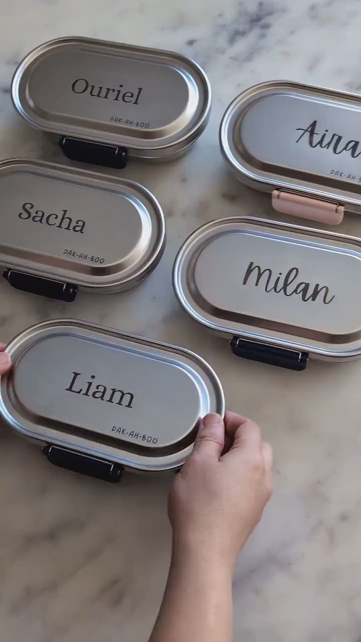 Personalised engraved stainless steel kids snack box – PAK-AH-BOO MunchiiBox 400ml – video