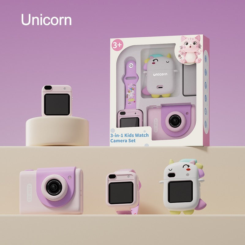 Unicorn kids camera watch 3 in 1 set – purple kids digital camera, smart watch and unicorn silicone case with gift box