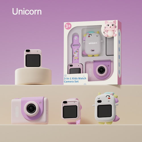 Unicorn kids camera watch 3 in 1 set – purple kids digital camera, smart watch and unicorn silicone case with gift box