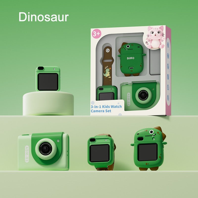 Dinosaur kids camera watch 3 in 1 set – green kids digital camera, smart watch and dinosaur silicone case with gift box