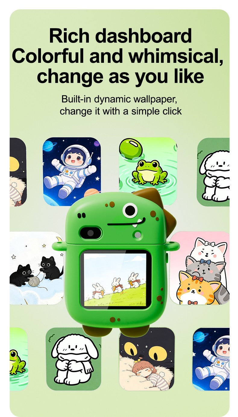 Dinosaur kids camera with colourful cartoon wallpapers and fun dashboard themes