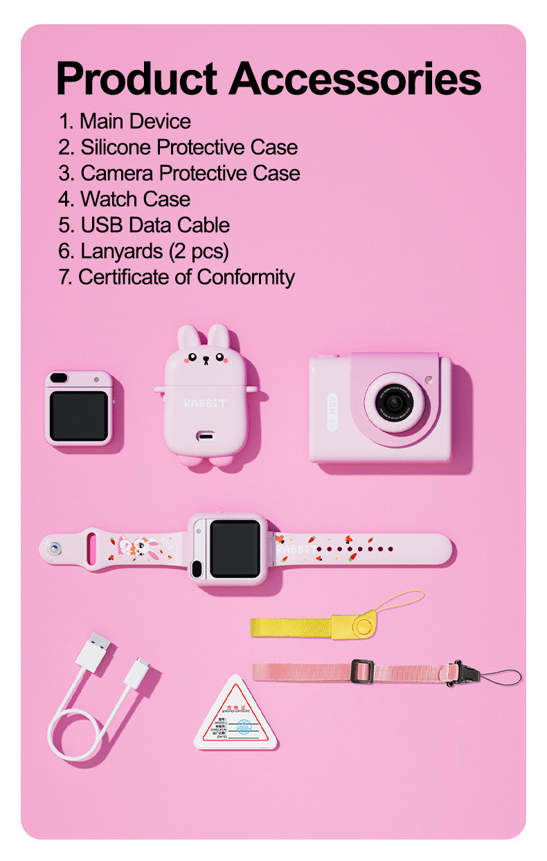 What's in the box – kids camera watch accessories: main camera, silicone case, camera case, watch strap, USB cable and lanyards
