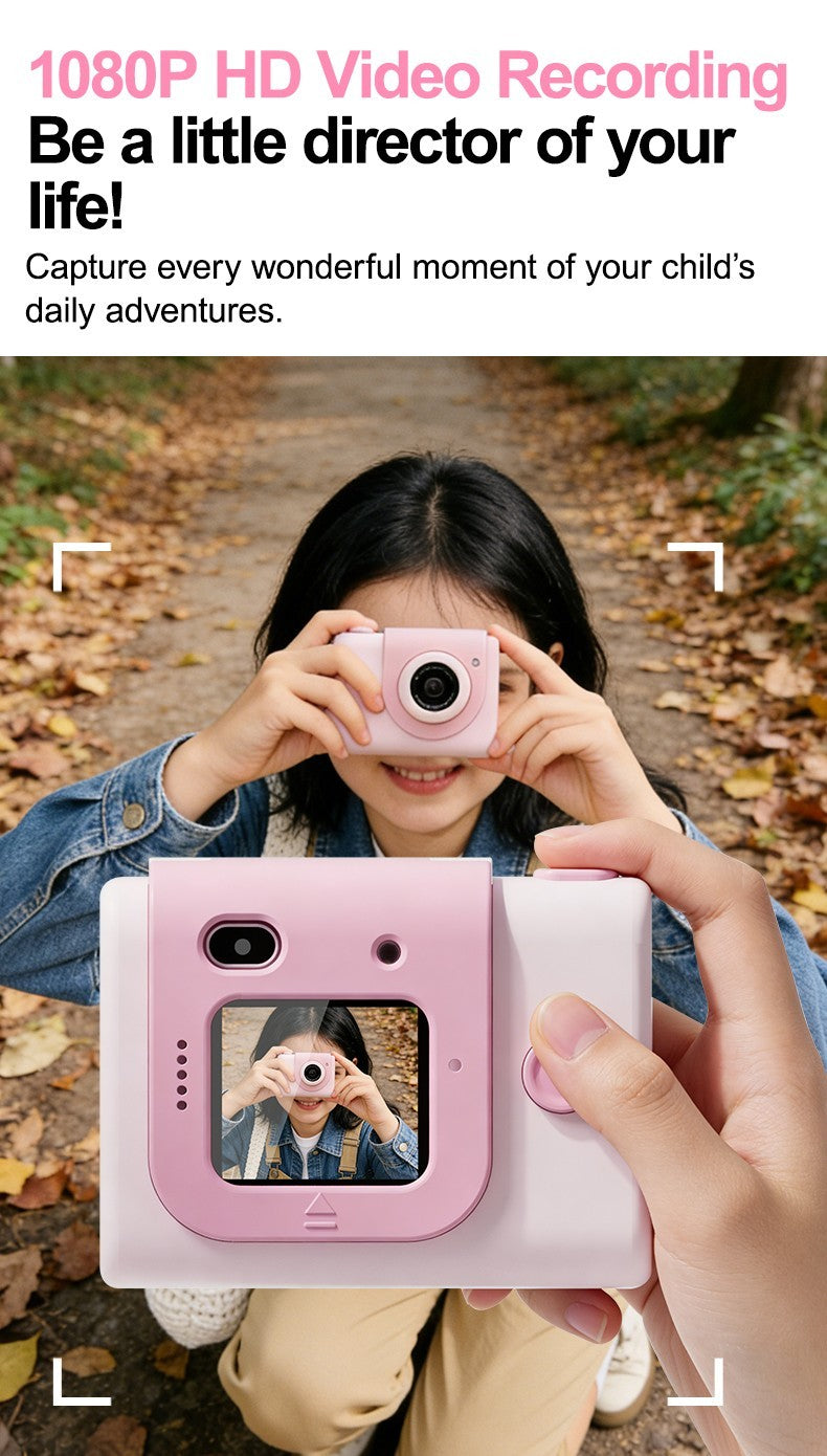 Girl recording HD video with pink kids camera – kids video camera for creative play