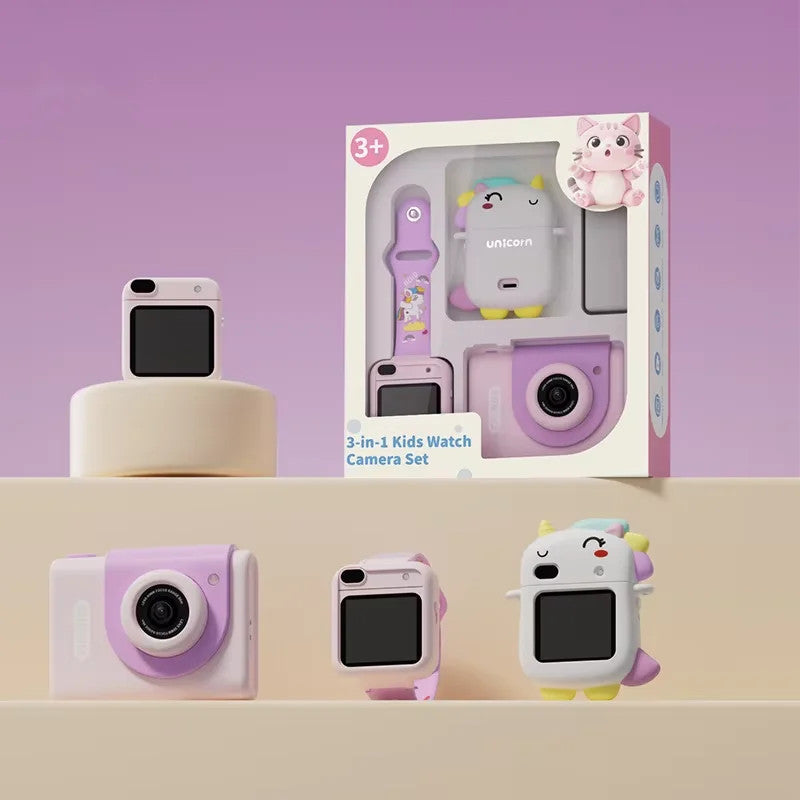 Unicorn kids camera watch set – purple camera, kids smart watch and unicorn case in gift box