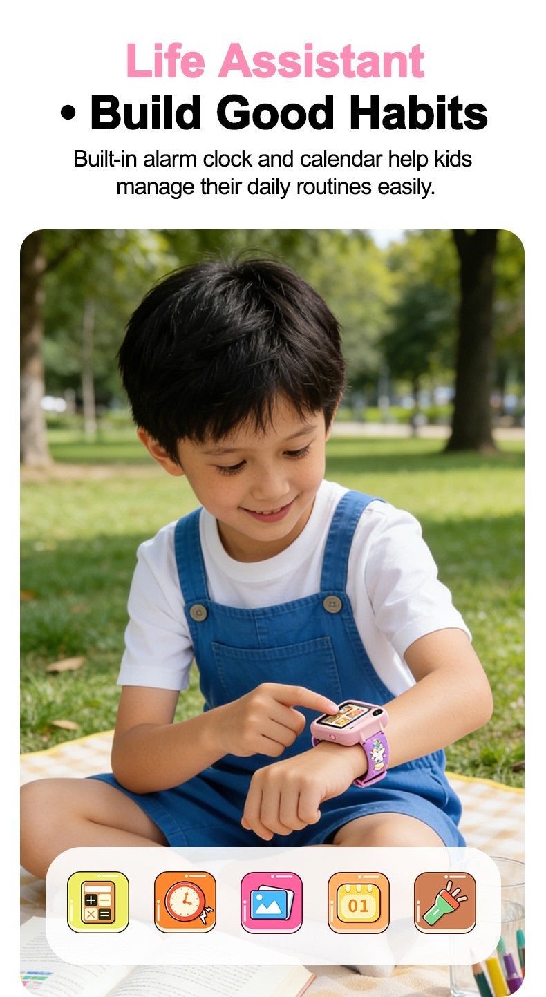 Boy using kids smart watch alarm clock and calendar to build good daily habits
