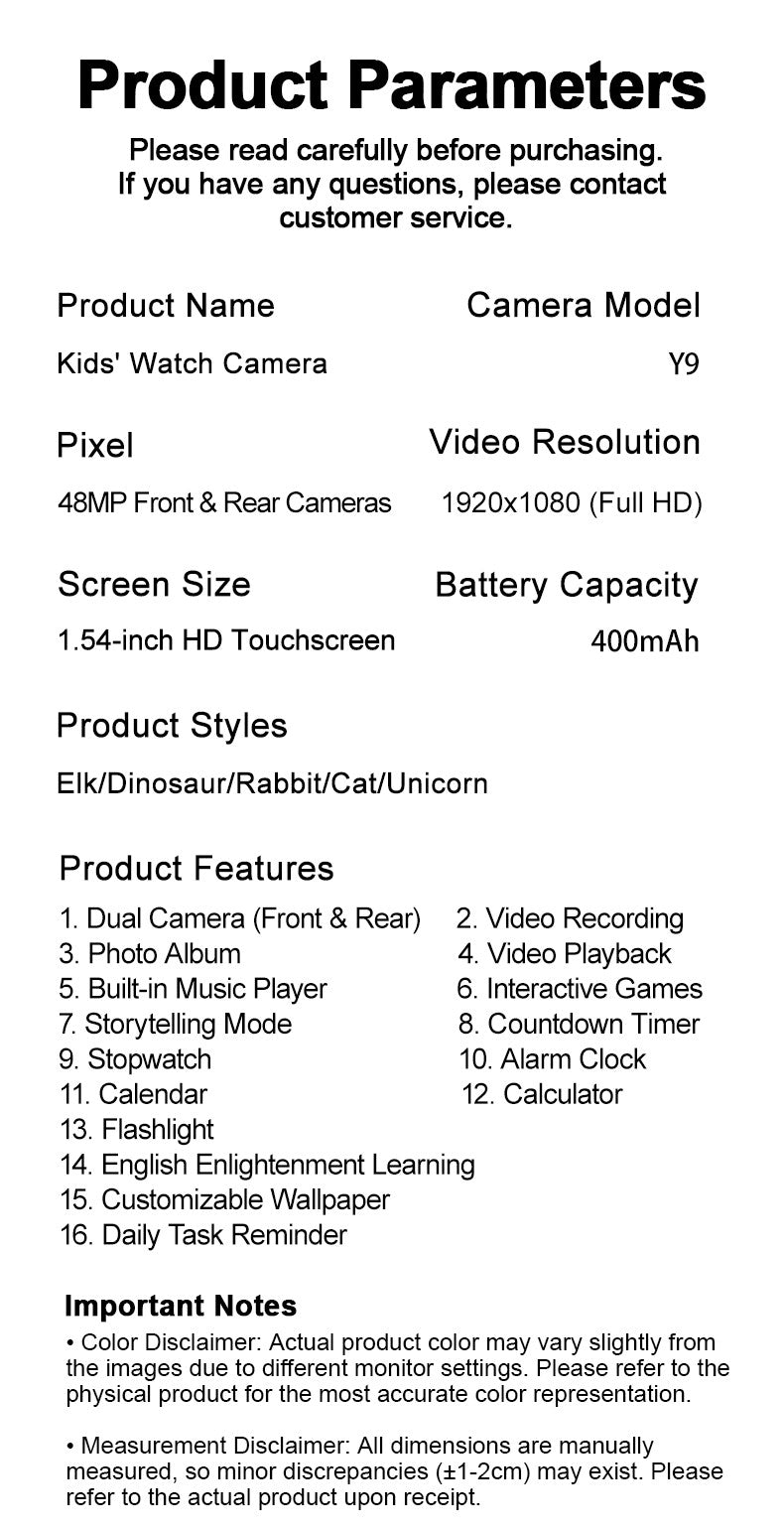 Kids camera watch product specifications – screen size, video resolution, battery capacity and features