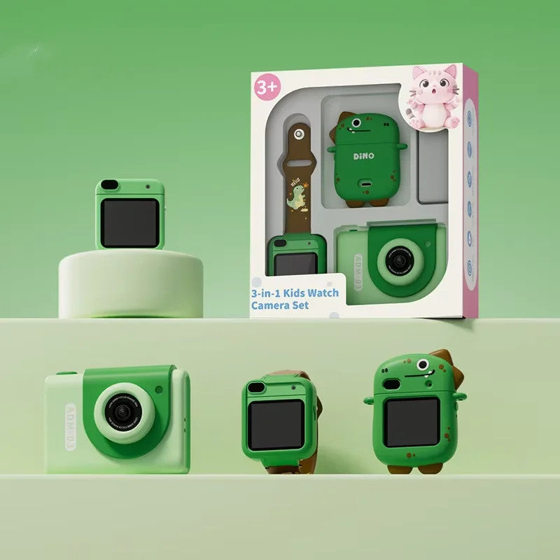 Dinosaur kids camera watch set – green camera, kids smart watch and dinosaur case in gift box
