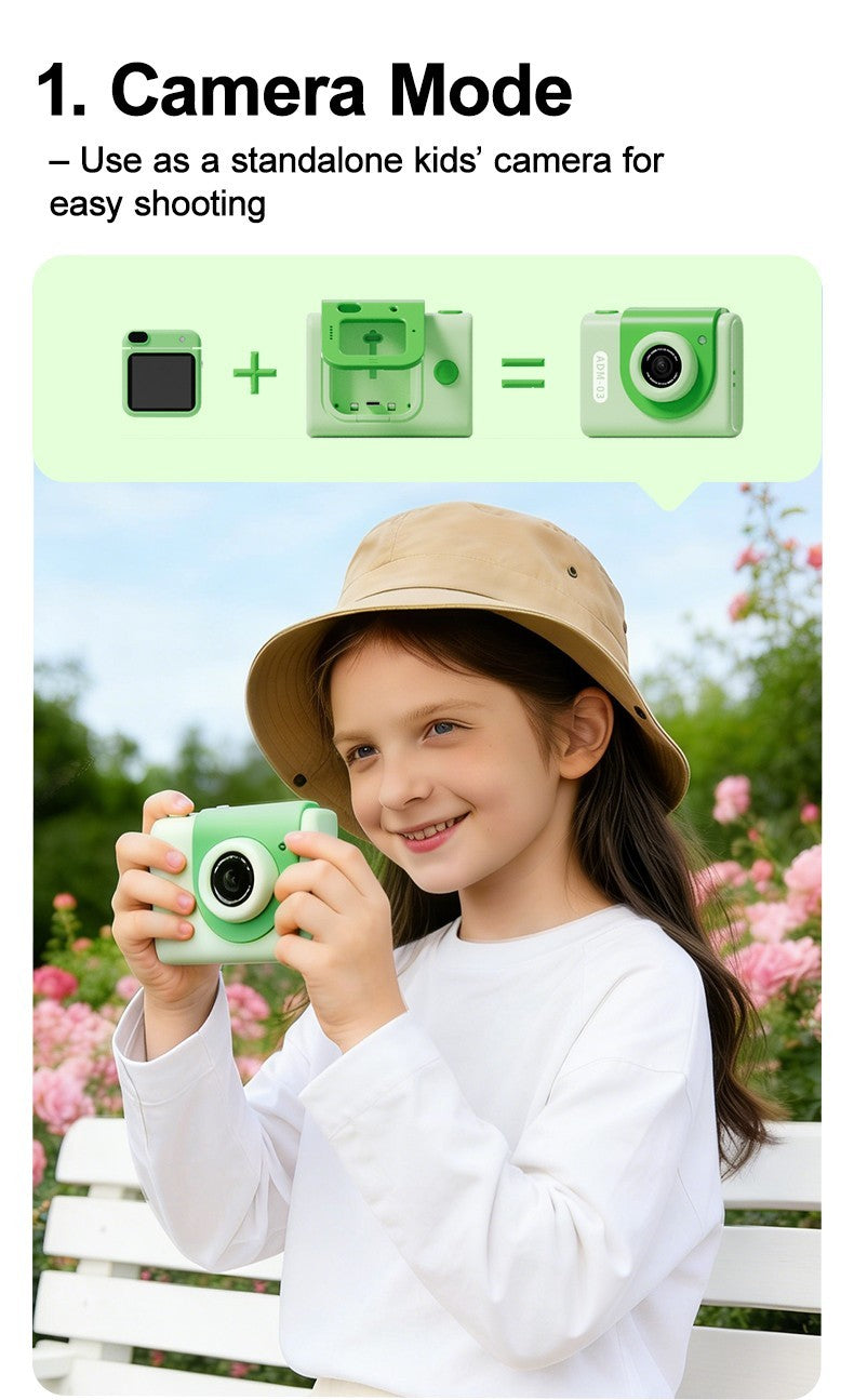 Girl taking photos with green kids digital camera – camera mode of the 3 in 1 kids camera watch