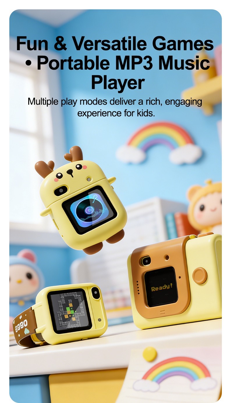 Kids camera with built-in games and music player for road trips and quiet time
