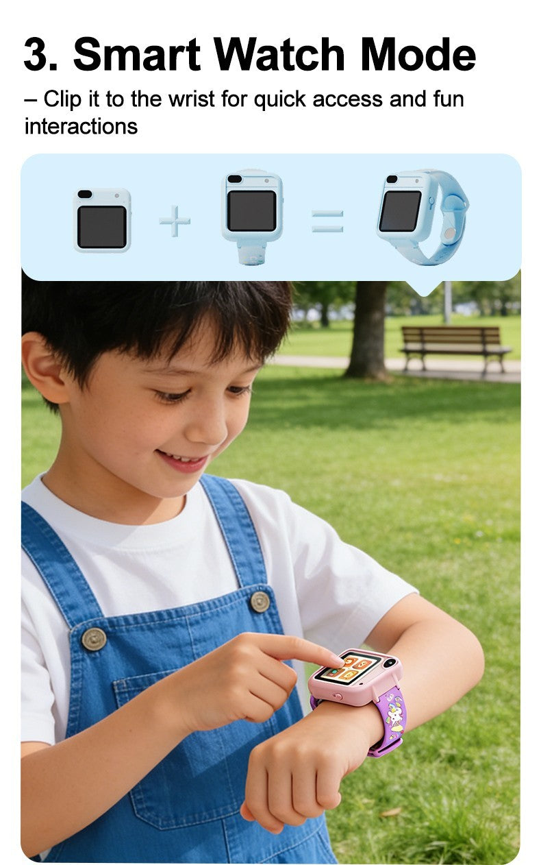 Boy wearing kids smart watch – camera clips into watch strap for smart watch mode