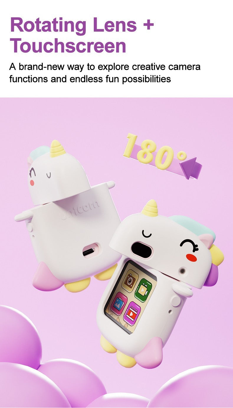 Unicorn kids camera with 180 degree rotating lens for selfies and colour screen