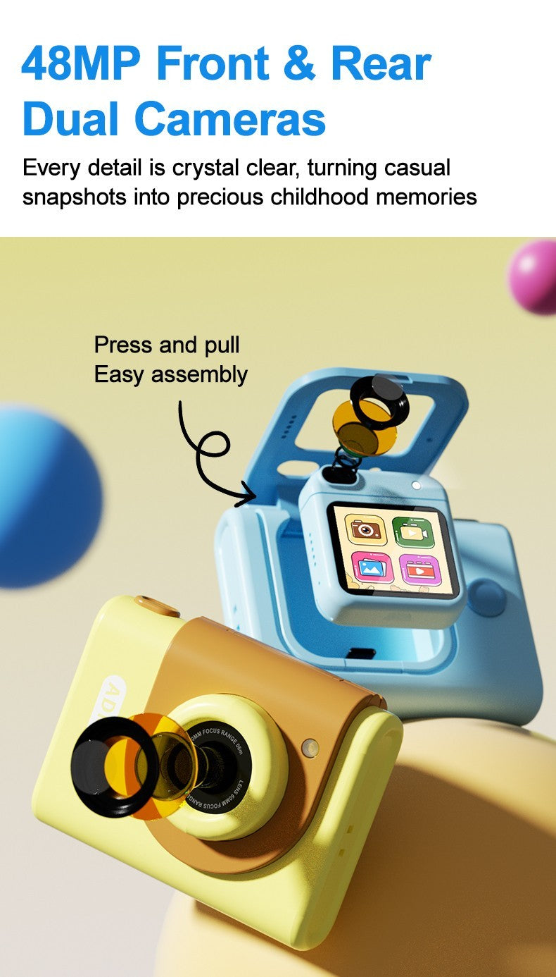 Kids digital camera with easy press and pull assembly for photos and video