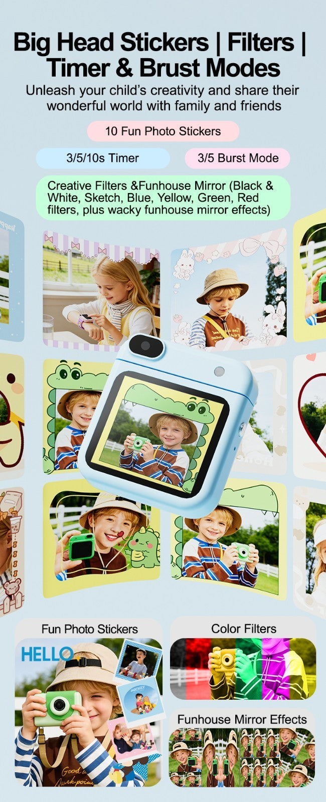Kids camera photo stickers, frames, filters, timer and burst modes for creative photos